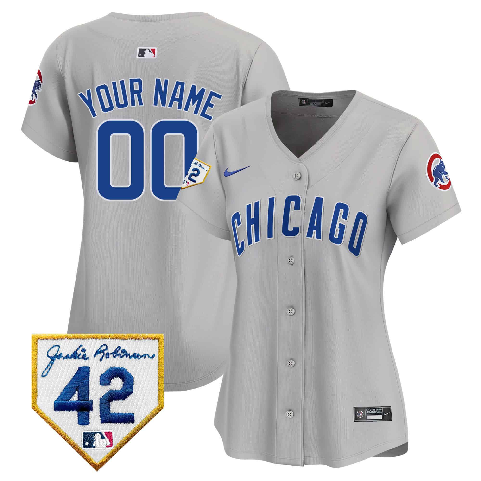 Women Chicago Cubs Grey Nike 2024 Jackie Robinson Patch Vapor Premier Limited Custom MLB Jersey->customized mlb jersey->Custom Jersey